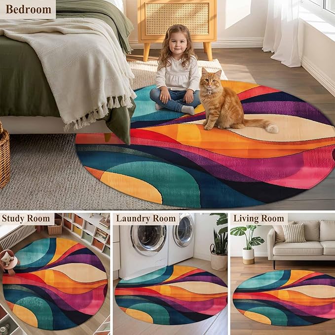 Minimalist Art Large Round Rug 7Ft, Abstract Yellow Blue Color Block Line Circle Area Rugs Washable Non Slip Indoor Floor Mats Carpet for Living Room Bedroom Dining Room Home Decor