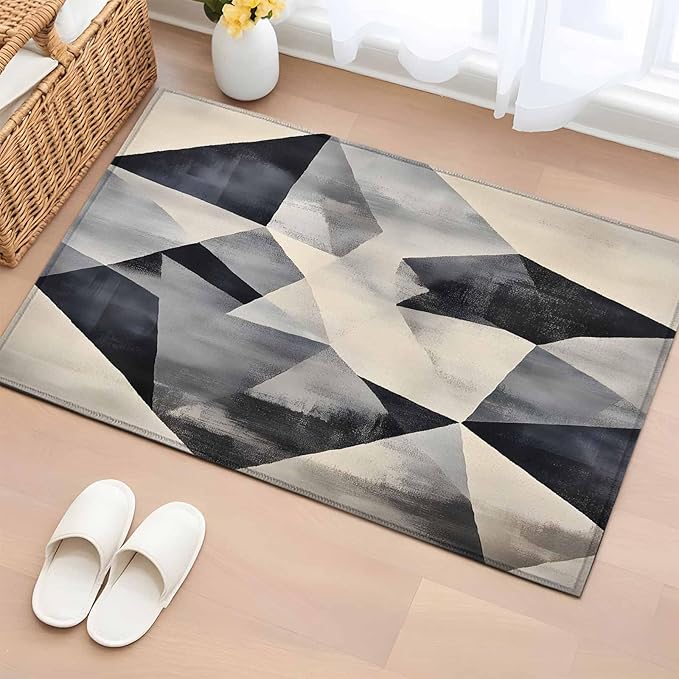 Color Block Entryway Rug 2'x3', Modernism Blue Beige Line Abstract Art Small Area Rug Non-Slip Front Door Mat Washable Floor Carpet for Indoor Entrance Kitchen Bathroom
