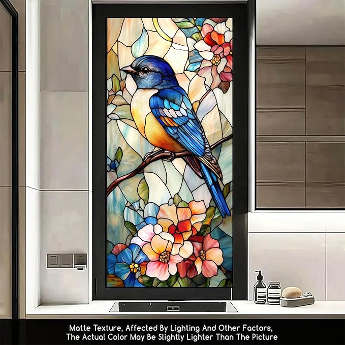 Bluebird Stained Glass Window Film 17.7x39.3 Inch Privacy Static Cling Window Sticker No Glue Floral Decorative Glass Decal for Door Panels Kitchen Entryway Sunroom Partitions