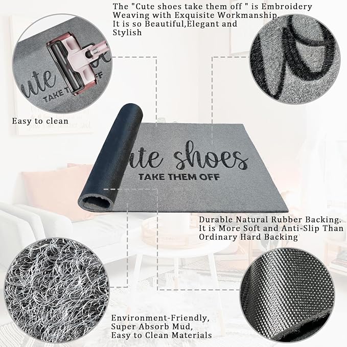 Cute Shoes Take Them Off Welcome Doormat for Front Door Mats Entryway Outdoor Indoor Muddy Washable Durable Rubber Backing for Entry Mat 47x18 Light Grey