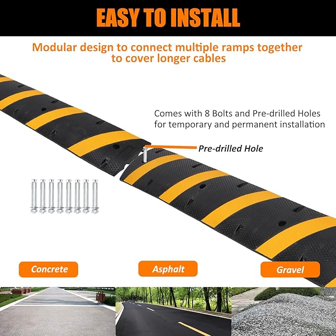 Towallmark 6 Ft Rubber Speed Bump, 2 Pack 2 Channel Modular Heavy Duty Speed Bumps Humps 25000 lbs Load Capacity, Cable Protector Ramp for Asphalt Concrete Gravel Driveway Road