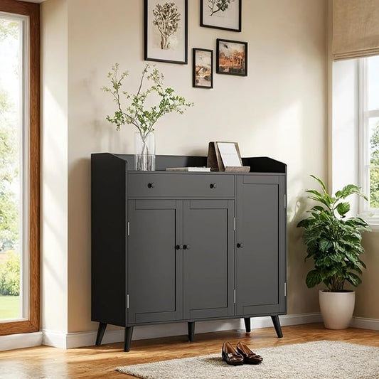 DIYART Black Large Shoe Cabinet fit up to Shoe Size 16, Shoe Storage Cabinet with 3 Doors and 1 Drawer, Wooden Shoe Organizer for entryway