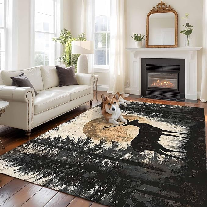 Deer 6'x9' Large Area Rugs, Elk Silhouette Washable Area Rugs Non-Slip Indoor Floor Mats Large Carpet for Living Room Bedroom Dining Room