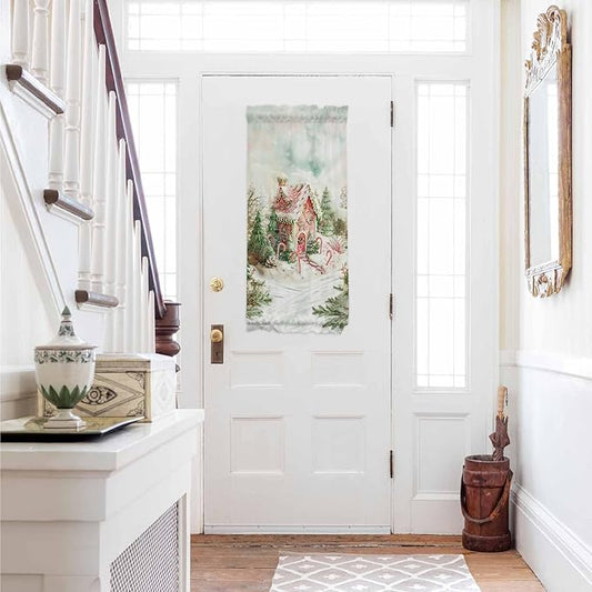 Christmas French Door Curtain Panel for Front Door, Snowing Pine Forest Dreamy Christmas Candy House Slidelight Door Curtains with Tieback Light Filtering Privacy Panels for Doorway Entryway 25"x 40"