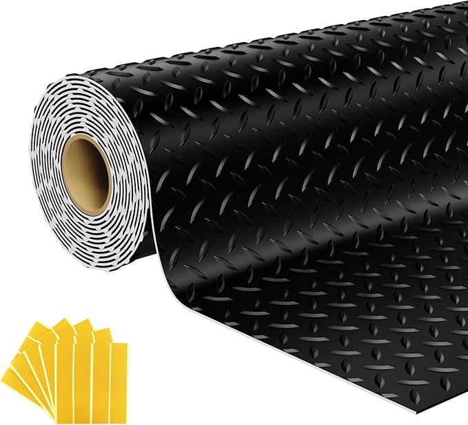 7.5x20 FT Garage Floor Mat, 2.8mm Thickened Flooring Roll Under Car Mat with 20Pcs Tapes, Diamond Plate, Non-Slip Floor Protector Mat for Trailer, Garage, Warehouse, Gyms, Trailer, Black