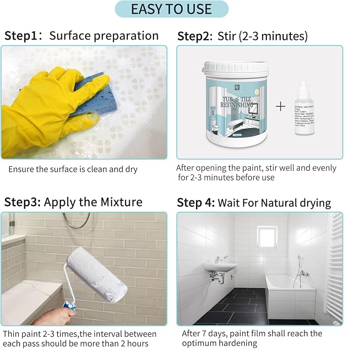 White Ceramic Tub and Tile Refinishing Kit（32 FL Oz） - Bathtub, Bathroom Wall, Countertop, Sink Paint - Easy to Use, Waterproof, Low Odor, No Toxic (White 50-60 sq.ft)