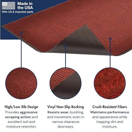 Notrax Heritage Rib™ Commercial Indoor Door Mat Office Rugs – 2' x 3' Red/Black Front Door Mat with Double Rib 22oz Yarn, Non-Slip Vinyl Backing – Durable Entryway Rug Made in The USA – 117S0023RB