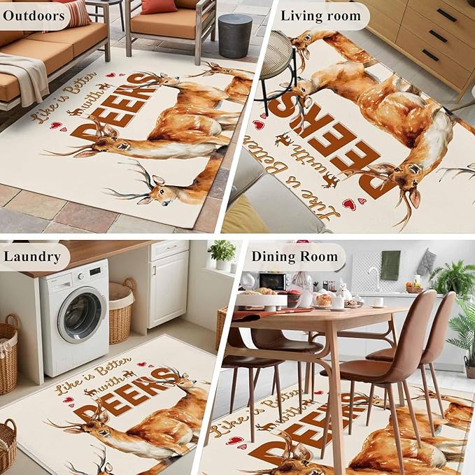 Beige Deer Area Rugs 2.7'x5', Wildlife Animals Rustic Farmhouse Elk Rustic Farmhouse Washable Area Rugs Non-Slip Indoor Floor Mats Carpet for Living Room Bedroom Dining Room