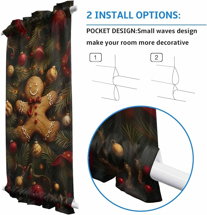 Christmas French Door Curtain Panel for Front Door, Gingerbread Man Pine Branch Xmas Light Balls Slidelight Door Curtains with Tieback Light Filtering Privacy Panels for Doorway Entryway 25"x 40"