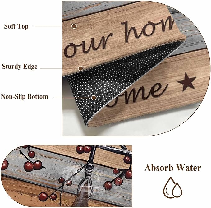 Country Stars Entryway Rug 2'x3', Vintage Rust Black Star Berry Brown Light Blue Wood Grain Small Area Rug Non-Slip Front Door Mat Washable Floor Carpet for Indoor Entrance Kitchen Bathroom