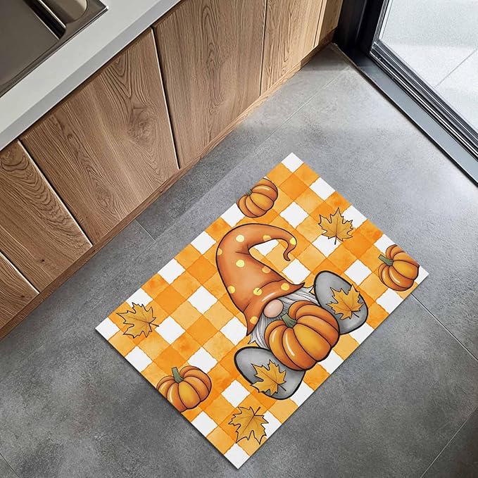 Welcome Door Mat 16x24in,Fall Dwarf Pumpkin Maple Leaves Indoor Entryway Doormats Non-Slip Bath Rug Absorbent Front Door Mat,Thanksgiving Orange Stripe Floor Carpet for Bedroom Bathroom