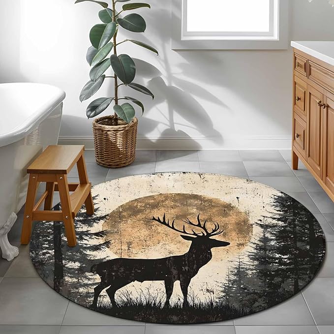 Deer Round Rug 3.3 Ft, Elk Silhouette Samll Area Rugs Washable Non Slip Indoor Floor Mats Circle Carpet for Living Room Bedroom Dining Room Home