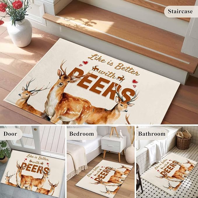 Beige Deer Entryway Rug 2'x3', Wildlife Animals Rustic Farmhouse Elk Rustic Farmhouse Small Area Rug Non-Slip Front Door Mat Washable Floor Carpet for Indoor Entrance Kitchen Bathroom