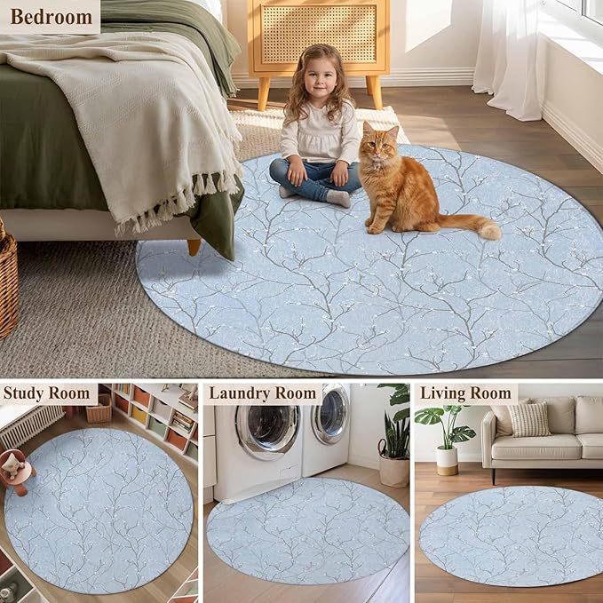 Blue Tree Branch Round Rug 3.3 Ft, Retro Classic Art Blue Tree Branches Flower Samll Area Rugs Washable Non Slip Indoor Floor Mats Circle Carpet for Living Room Bedroom Dining Room Home