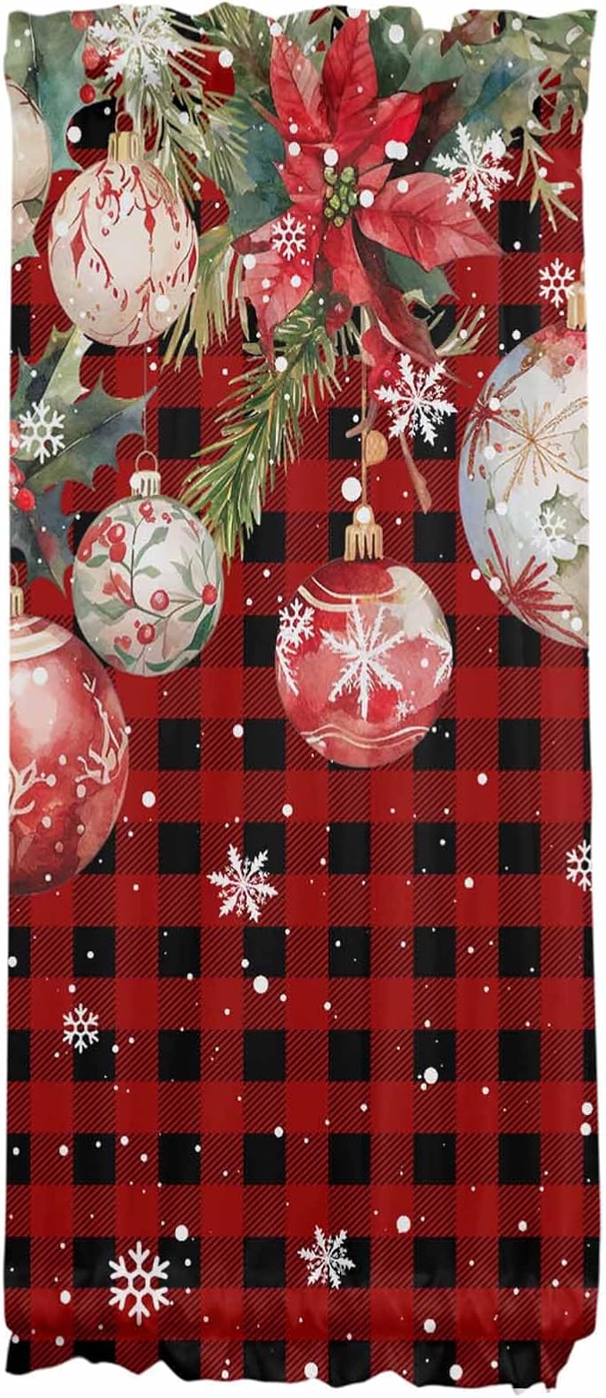 Christmas French Door Curtain for Front Door, Xmas Poinsettia Plants Various Balls Snow Black Red Plaid Slidelight Door Curtains with Tieback Light Filtering Privacy Panel for Entryway 25"x 40"