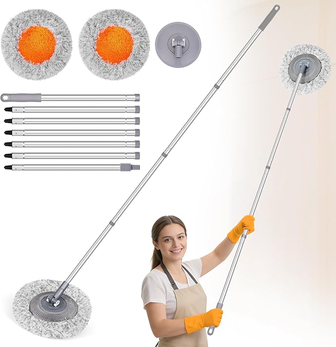 Wall Mop for Painted Walls, Wall Cleaner Mop with 104''/ 62" Long Handle, Dry Mop for Wall Floor Ceiling Cleaning, 2 Reusable Pads (Grey)
