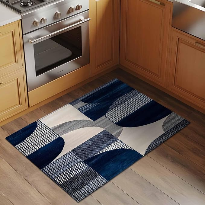 Modernism Entryway Rug 2'x3', Blue White Geometric Abstract Design Small Area Rug Non-Slip Front Door Mat Washable Floor Carpet for Indoor Entrance Kitchen Bathroom