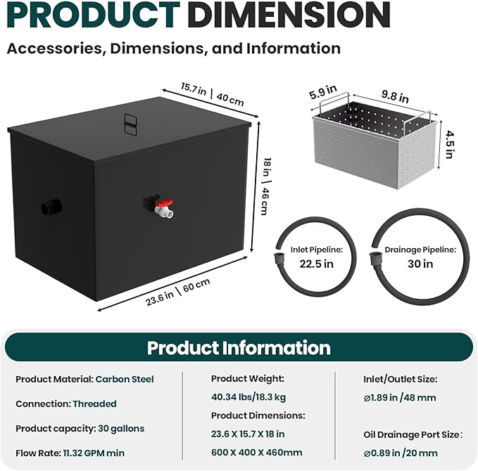 30LBS Commercial Grease Interceptor Trap, 12 GPM Under Sink Separator with Carbon Steel Grease Trap Gasket, Grease Liner, Strainer, Container, Trap Cleaner for Home, Kitchen