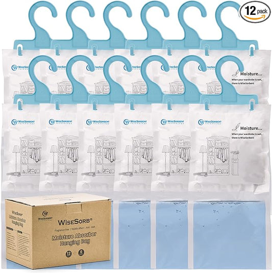 Wisesorb Moisture Absorber Refill Hanging Bags, 12 Pack (200g Each) – Calcium Chloride Dehumidifier Bags with 6 Reusable Hooks, Closet & Bathroom Dehumidifier Bags