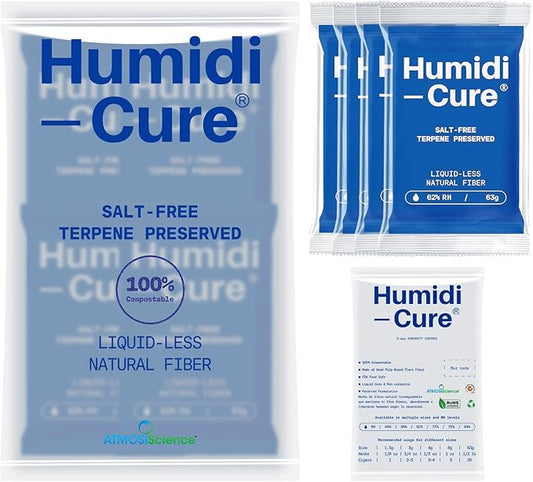 Humidi-Cure 62% RH 2-Way Humidity Packs, Size 63g, 4 Packs, Moisture Absorbers for Storing 1/2 LB Herbs, Humidity Control Packs Preserving Aroma and Flavor with Liquidless Plant-Fiber, Salt-Free