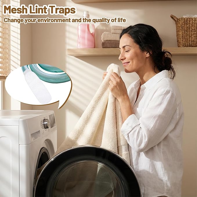 32Pcs Sturdy Lint Traps for Washing Machine Hose, Includes 8 Nylon Washer Hose Lint Trap Mesh and 24 Cable Ties, White Washer Lints Catcher for Home Sink Drain System Hoses Screen Filter (White)