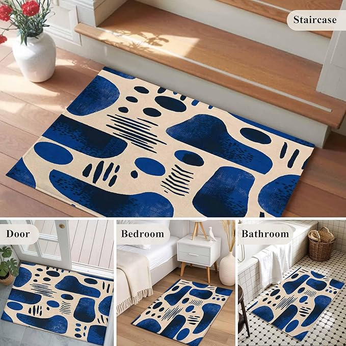 Modernism Entryway Rug 2'x3', Blue Black Geometric Abstract Style Small Area Rug Non-Slip Front Door Mat Washable Floor Carpet for Indoor Entrance Kitchen Bathroom