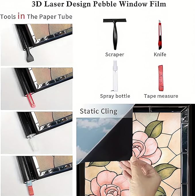 Pink Camellia Privacy Film Stained Glass Style Static Cling No Glue Decorative Panel Light Filtering Cover for Bedroom Door Vanity Entryway 17.7x39.3 inch