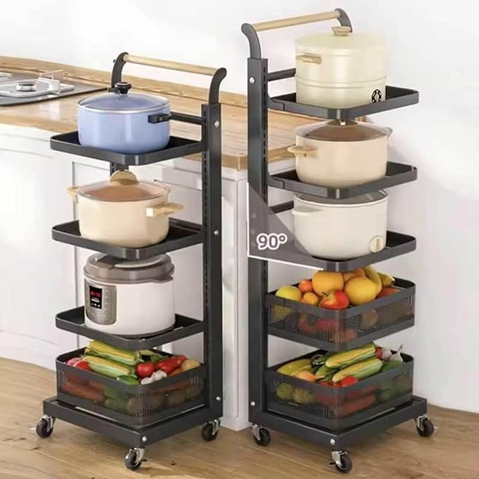 3 Tier Extendable Microwave Rack Stand Shelves for Kitchen Cupboards with Wheels Black Space Saving Kitchen Storage Solution.