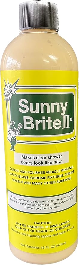Sunny Brite II Hard‑Water Stain Remover & Glass Cleaner, 16 oz Biodegradable Liquid - Removes Mineral Deposits, Soap Scum and Rust on Shower Doors, Auto Windows, Chrome and Stainless Surfaces