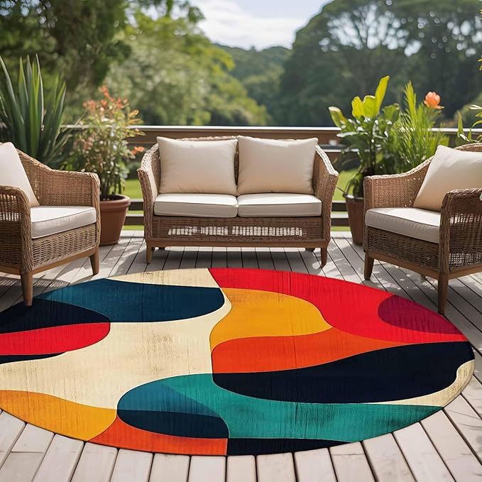 Abstract Art Large Round Rug 7Ft, Impressionist Red Blue Color Block Circle Area Rugs Washable Non Slip Indoor Floor Mats Carpet for Living Room Bedroom Dining Room Home Decor