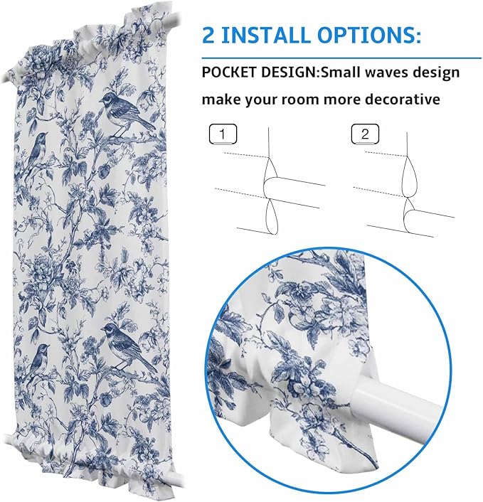 French Door Curtain Panel for Front Door, Navy Blue Birds Branch Flowers Retro Illustration Slidelight Door Curtains with Tieback Light Filtering Privacy Panels for Doorway Entryway 25"x 40"