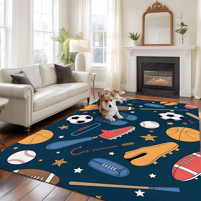 Cartoon Sports 6'x9' Large Area Rugs, Baseball Soccer Basketball Rugby Sneakers Washable Area Rugs Non-Slip Indoor Floor Mats Large Carpet for Living Room Bedroom Dining Room