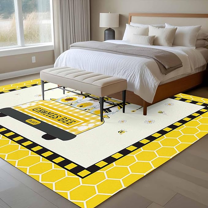 Honey Gnomes 6'x9' Large Area Rugs, Bees Hive Sunflower Truck Washable Area Rugs Non-Slip Indoor Floor Mats Large Carpet for Living Room Bedroom Dining Room