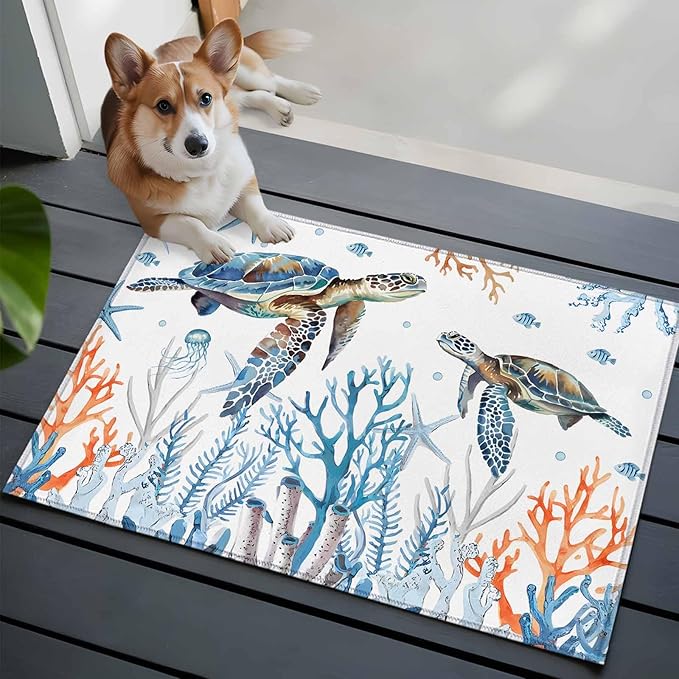 Sea Turtle Entryway Rug 2'x3', Seagrass Coral Starfish Small Area Rug Non-Slip Front Door Mat Washable Floor Carpet for Indoor Entrance Kitchen Bathroom