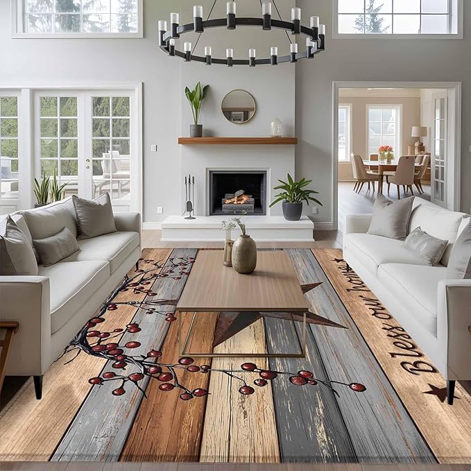 Country Stars 8'x10' Large Area Rugs, Vintage Rust Black Star Berry Brown Light Blue Wood Grain Washable Area Rugs Non-Slip Indoor Floor Mats Large Carpet for Living Room Bedroom Dining Room