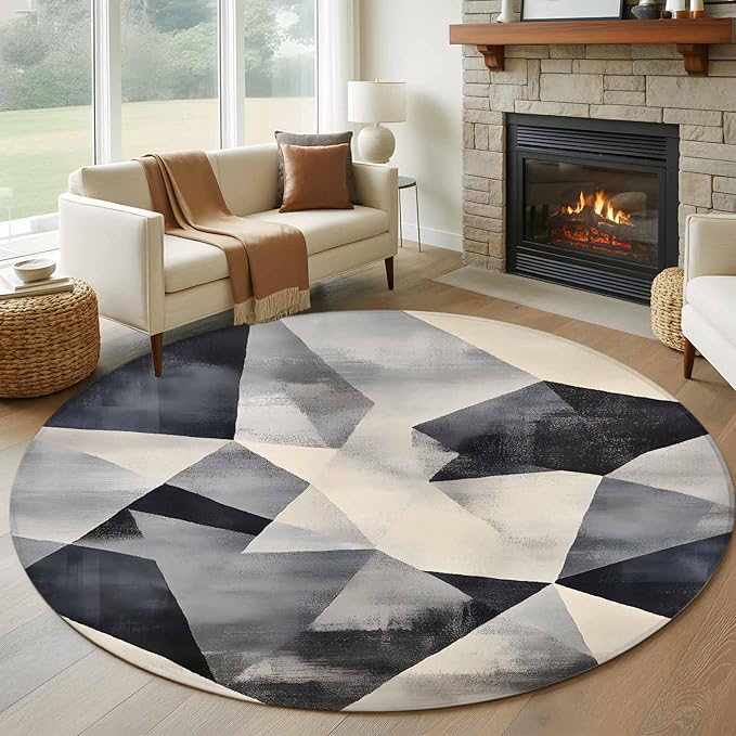Color Block Round Rug 5 Ft, Modernism Blue Beige Line Abstract Art Circle Area Rugs Washable Non Slip Indoor Floor Mats Carpet for Living Room Bedroom Dining Room Home Decor