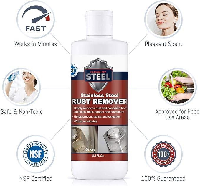 CLEAN MY STEEL Stainless Steel Rust Remover and Protector Kit, NSF Certified, 4 oz, Includes B570 Rust Remover, B580 Cleaner and Protector, Sponge and Gloves