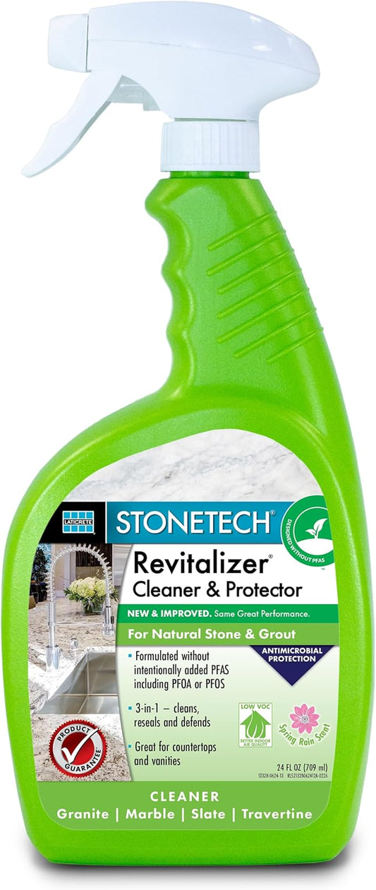 Stone Surface Cleaner Spray for Stonetech Revitalizer Cleaner and Protector, 3‑in‑1 Ready to Use Spring Rain Bottle for Granite & Marble, Reseals & Refreshes Natural Stone Countertops & Tiles, 24 oz
