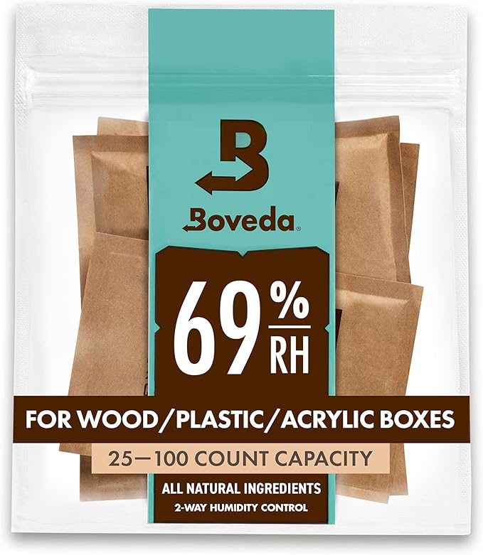 Boveda for Cigars/Tobacco | 69% RH Humidity Control Packs | Size Large for Use with Up to 25-100 Cigars | Patented Technology For Cigar Humidors | 4-count Resealable Bag