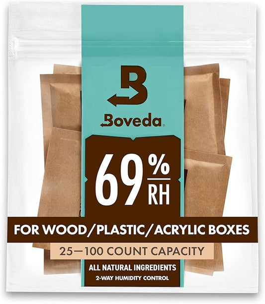 Boveda for Cigars/Tobacco | 69% RH Humidity Control Packs | Size Large for Use with Up to 25-100 Cigars | Patented Technology For Cigar Humidors | 4-count Resealable Bag