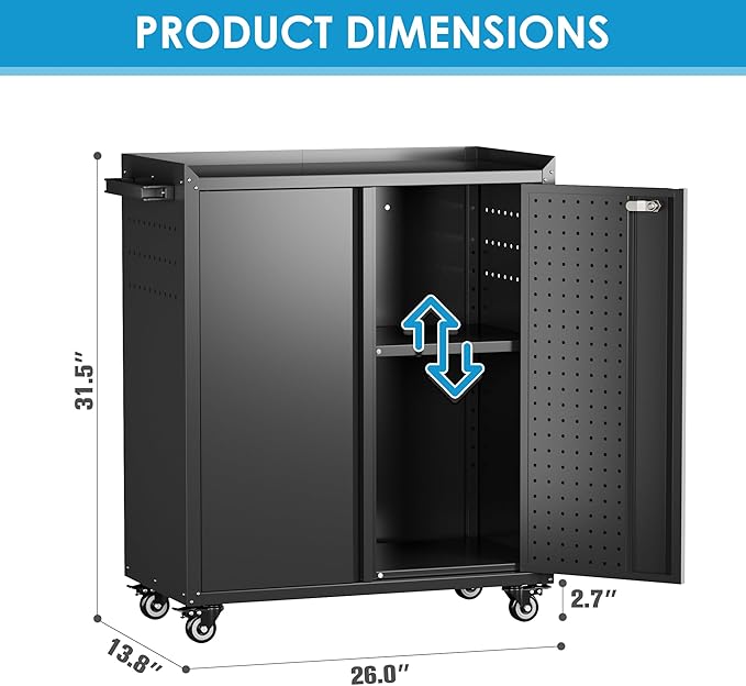 Reemoon Metal Storage Cabinets with Door Pegboard,Lockable Garage Storage Cabinets with Wheels for Garage, Home, Office,Assembly Required,Black,13.8" D x 26" W x 31.5" H
