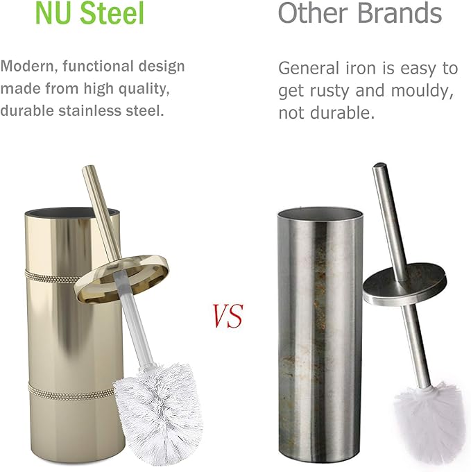 nu steel TBH-8065G-17 Slim Compact Freestanding Toilet Bowl Brush and Holder for Bathroom Storage and Organization - Space Saving, Sturdy, Deep Cleaning, Covered Brush, Metal in Scratched Gold Finish