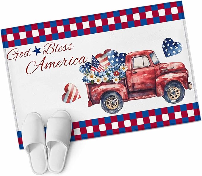 Red Truck USA Flag Stars Entryway Rug 2'x3', God Bless America Small Area Rug Non-Slip Front Door Mat Washable Floor Carpet for Indoor Entrance Kitchen Bathroom