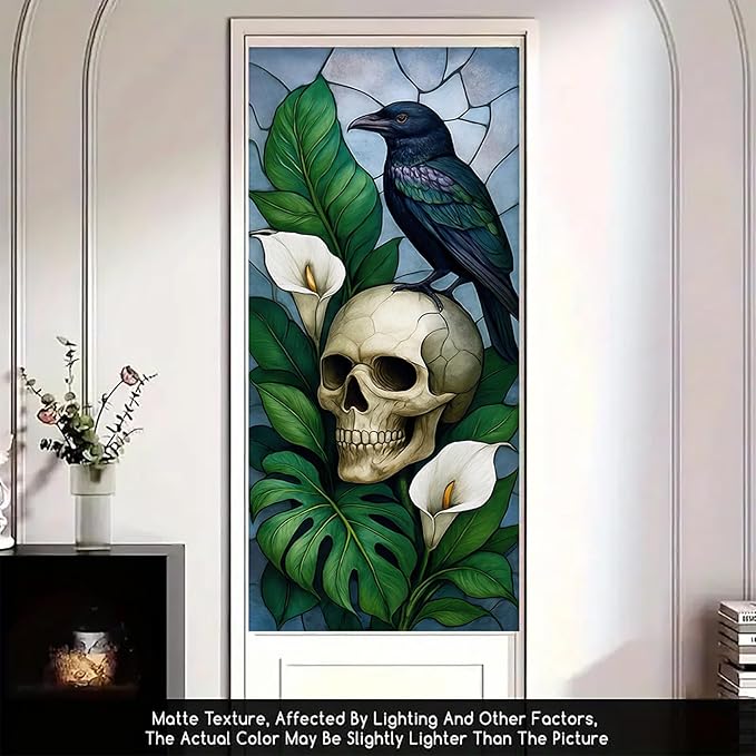 Gothic Raven Skull Privacy Film Static Cling Stained Glass Panel No Glue Decorative Cover for Halloween Door Studio Bathroom Partition 17.7x39.3 inch