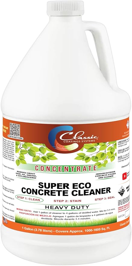 Classic Coatings | Eco Concrete Cleaner Concentrate | Indoor/Outdoor | Environmentally Safe, Non-Toxic, Easy to Use | Cleans Concrete, Garage Floors, Stone, Bricks & More | (1-Gallon)