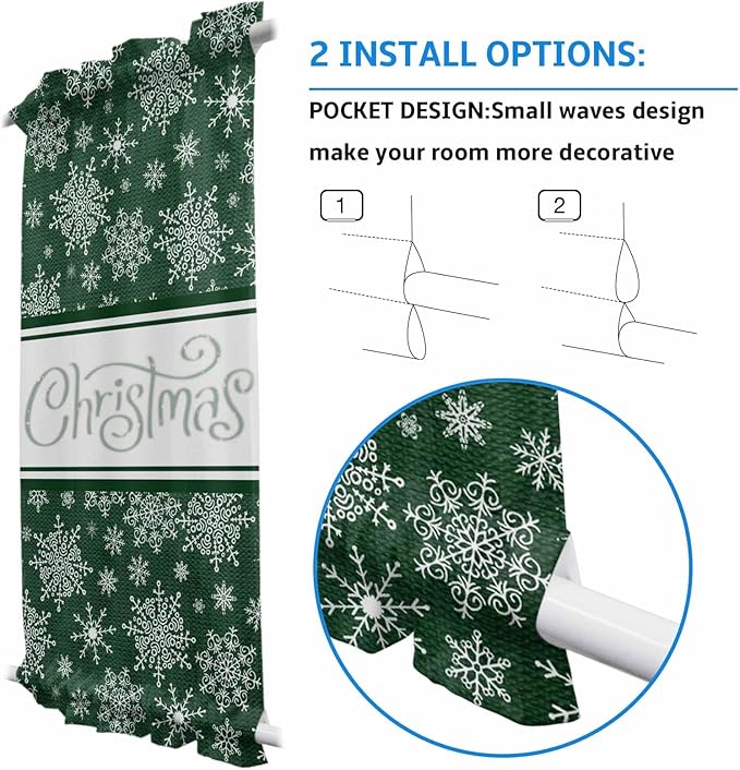 Christmas French Door Curtain Panel for Front Door, Different Dark Green Snowflakes Christmas Slidelight Door Curtains with Tieback Light Filtering Privacy Panels for Doorway Entryway 25"x 40"