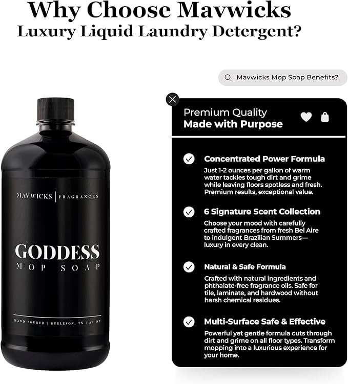Mavwicks Fragrances - Luxury Mop Soap (Goddess) 32 Oz – Goddess Scented Floor Cleaner for Mopping – Pet Safe, Best Smelling Mop Detergent for All Surfaces