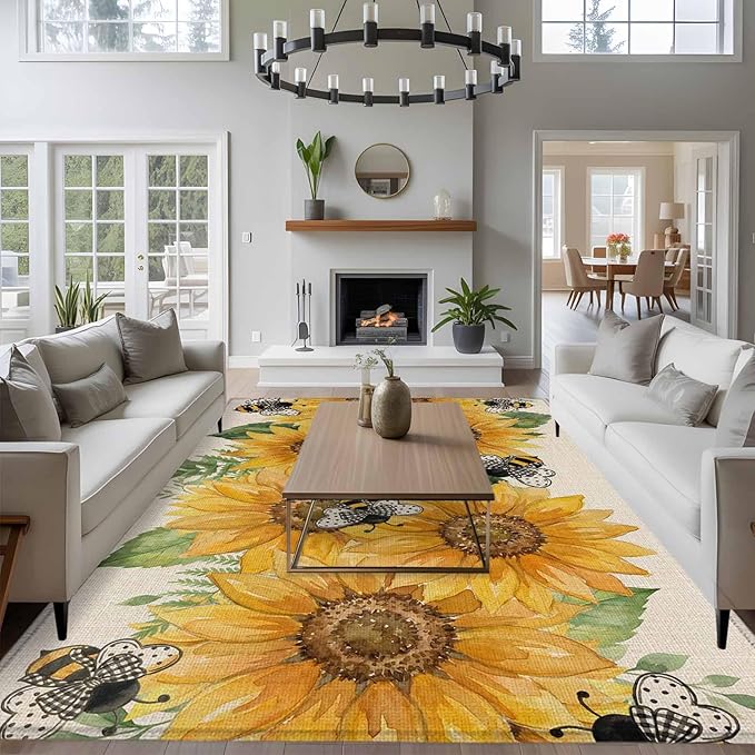 Watercolor Sunflower Cartoon Farmhouse Bee Linen Texture 5'x8' Large Area Rugs, Washable Area Rugs Non-Slip Indoor Floor Mats Large Carpet for Living Room Bedroom Dining Room