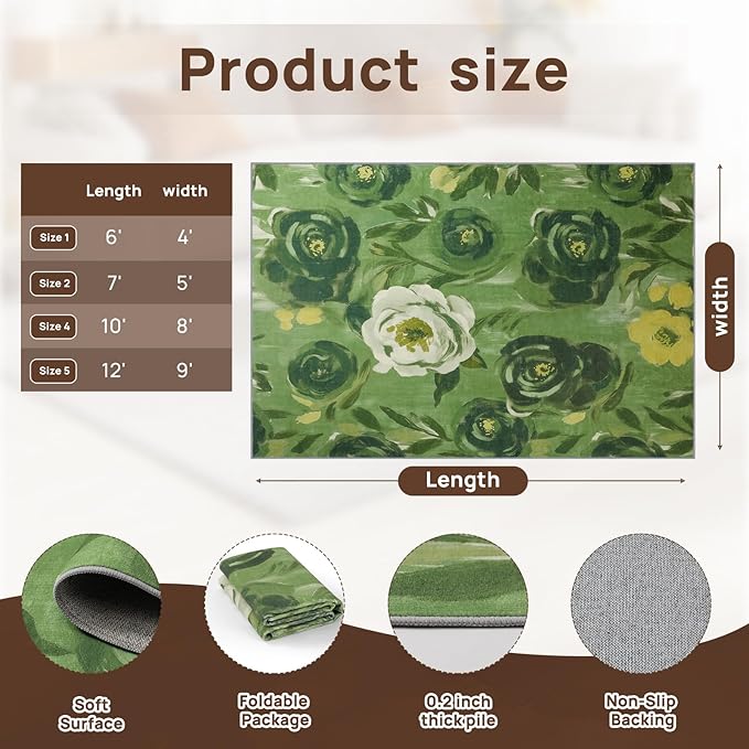 8x10 Camellia Floral Rugs, Modern Washable Flower Pattern Area Rug for Bedroom, Soft Large Non-Slip Kitchen Carpet Floor Door Mat for Living Room Dining Room Office - Green