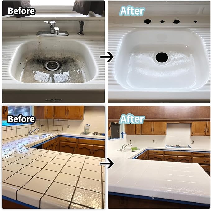 White Ceramic Tub and Tile Refinishing Kit（32 FL Oz） - Bathtub, Bathroom Wall, Countertop, Sink Paint - Easy to Use, Waterproof, Low Odor, No Toxic (White 50-60 sq.ft)